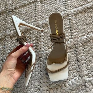Fashion Nova White and Gold Strappy Heels